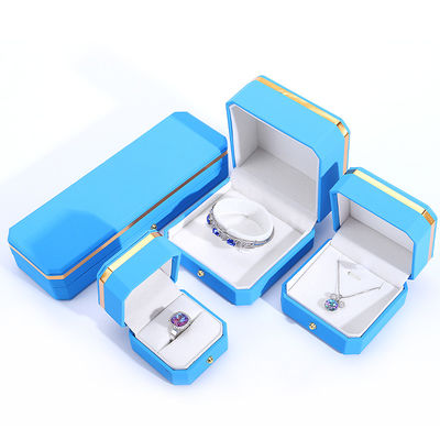 Caja de joyería de envoltura de regalo de cuero PU azul para el logotipo personalizado de botón de metal octogonal de Hanhong