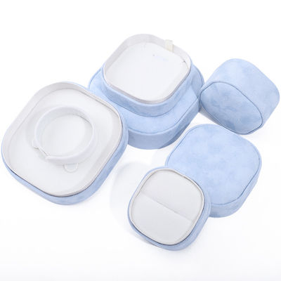 Caja de joyería de lujo con tapa y base, caja de joyería de terciopelo azul de alta calidad con logotipo