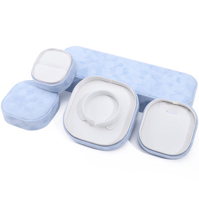 Caja de joyería de lujo con tapa y base, caja de joyería de terciopelo azul de alta calidad con logotipo