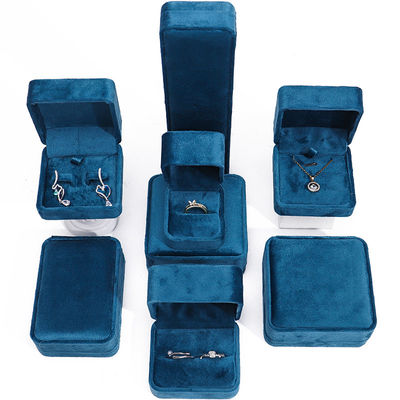 Fabricación al por mayor de la venta caliente de lujo de joyería caja personalizada logotipo personalizado de alta gama de color azul collar brazalete aretes anillo embalaje de terciopelo de joyería caja