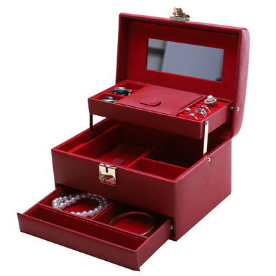 Organizador de joyas de cuero PU de gran capacidad con espejo para viajes