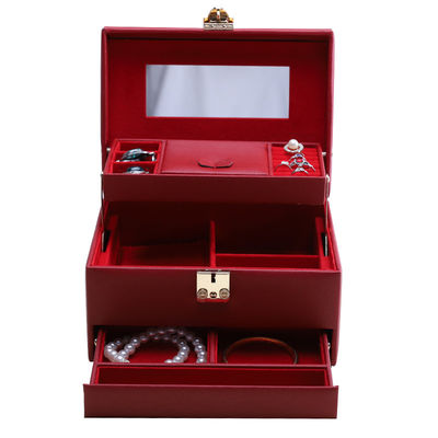 Organizador de joyas de cuero PU de gran capacidad con espejo para viajes
