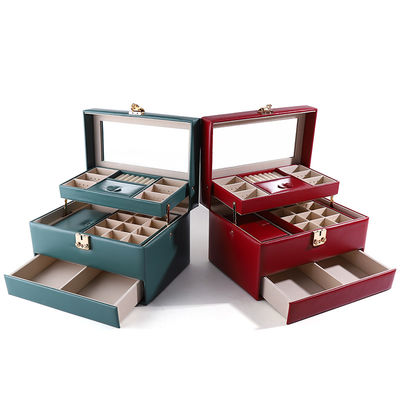 Caja organizadora de cajones de joyas de viaje portátil de cuero de PU con función múltiple de espejo