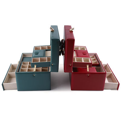 Caja organizadora de cajones de joyas de viaje portátil de cuero de PU con función múltiple de espejo