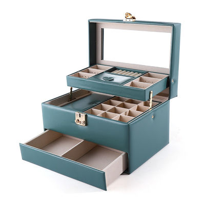 Caja organizadora de cajones de joyas de viaje portátil de cuero de PU con función múltiple de espejo