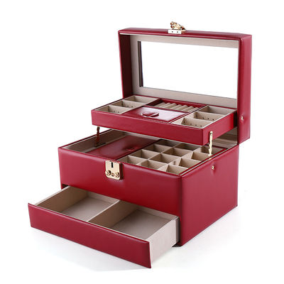 Caja organizadora de cajones de joyas de viaje portátil de cuero de PU con función múltiple de espejo