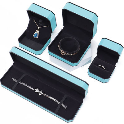 Cyan Elegante Octagonal Falsa de Piel de joyería caja de paquete con ornamentación de borde negro