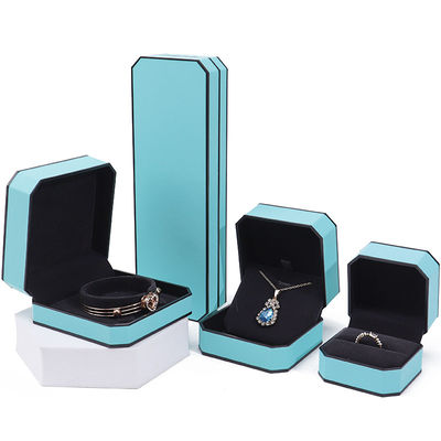 Cyan Elegante Octagonal Falsa de Piel de joyería caja de paquete con ornamentación de borde negro