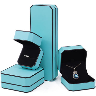 Cyan Elegante Octagonal Falsa de Piel de joyería caja de paquete con ornamentación de borde negro