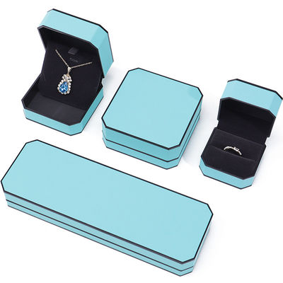 Cyan Elegante Octagonal Falsa de Piel de joyería caja de paquete con ornamentación de borde negro