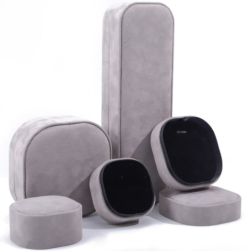 Caja de joyería de lujo con tapa y base, caja de joyería de terciopelo gris de alta calidad con logotipo