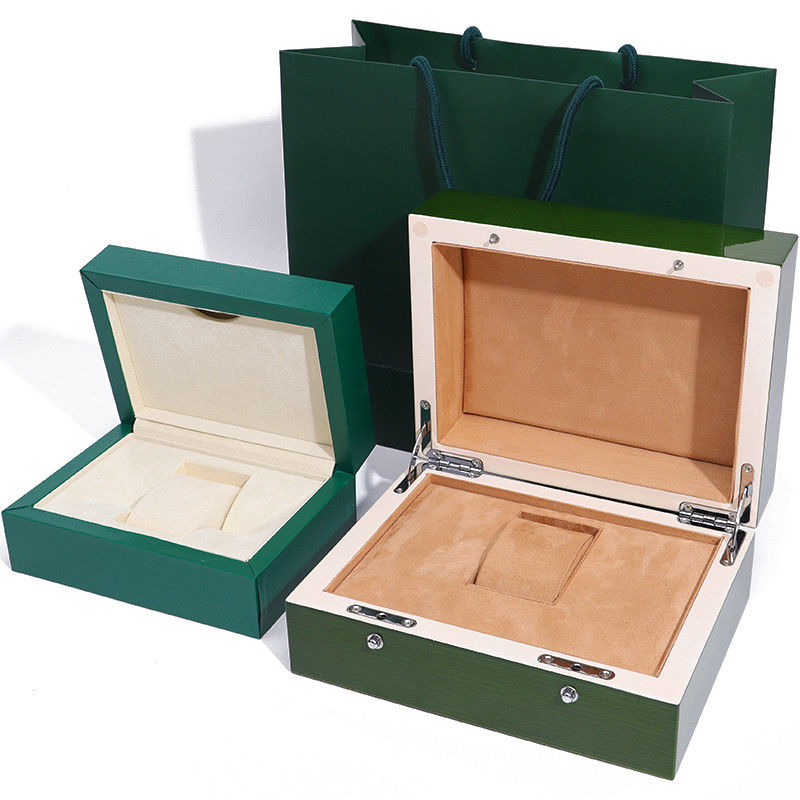 Caja de relojes de madera verde de alta gama para el embalaje de regalos de lujo con bolsa de toque invertida