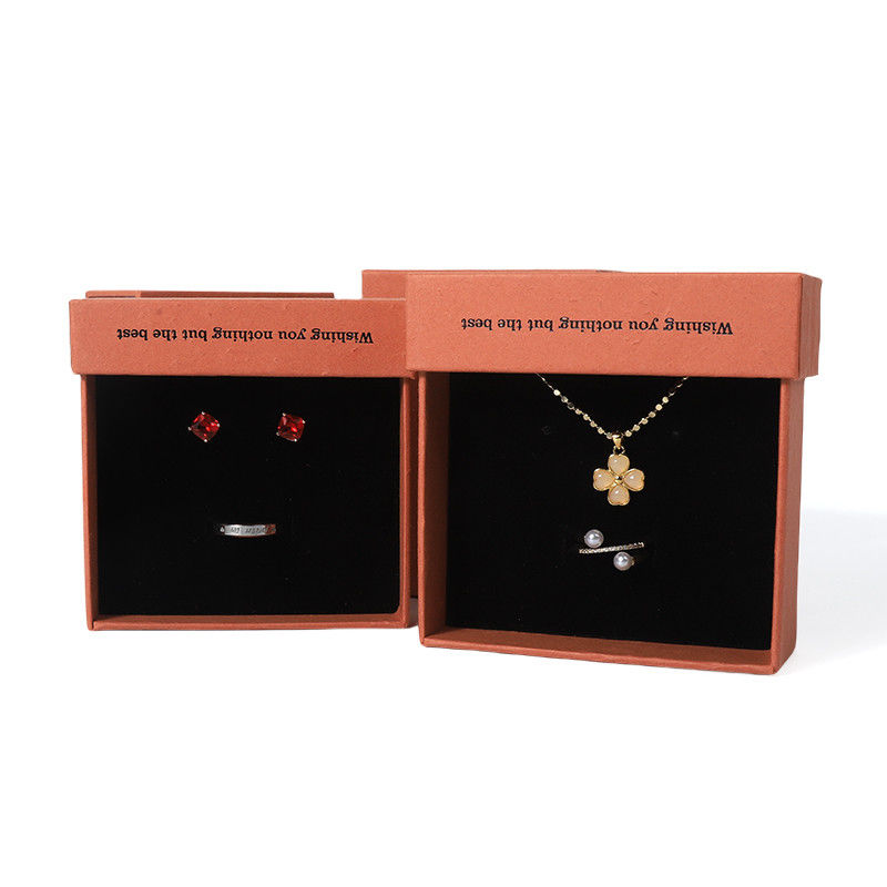 China fabricación al por mayor de alta calidad Caja de collar, pendientes, pulsera y anillo. Embalaje de joyería personalizado, ecológico, de cartón, papel, naranja, caja de joyería con cajón y logotipo.