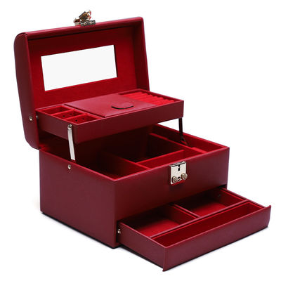 Organizador de joyas de cuero PU de gran capacidad con espejo para viajes